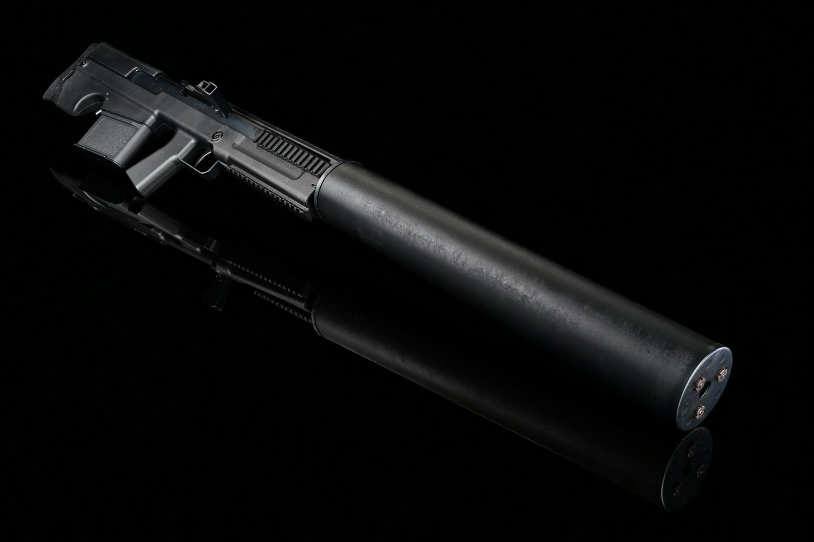 Silverback VKS black airsoft sniper rifle with full-size silencer, top view