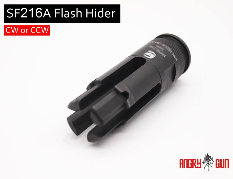 Flash hider SF216A en ángulo, con las punteras y el corte de encaje del silenciador