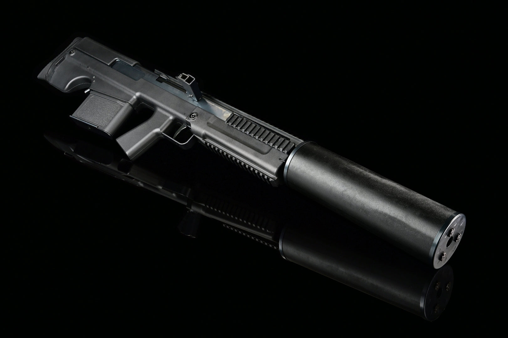 Silverback VKS black airsoft sniper rifle in compact silencer configuration, top view