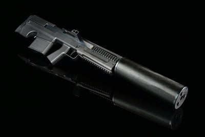 Silverback VKS black airsoft sniper rifle in compact silencer configuration, top view