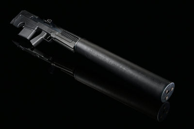 Silverback VKS black airsoft sniper rifle with full-size silencer, top view