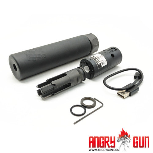 Contenido del SF216A Tracer: cuerpo del silenciador, módulo tracer, flash hider, cable USB, juntas y llave allen