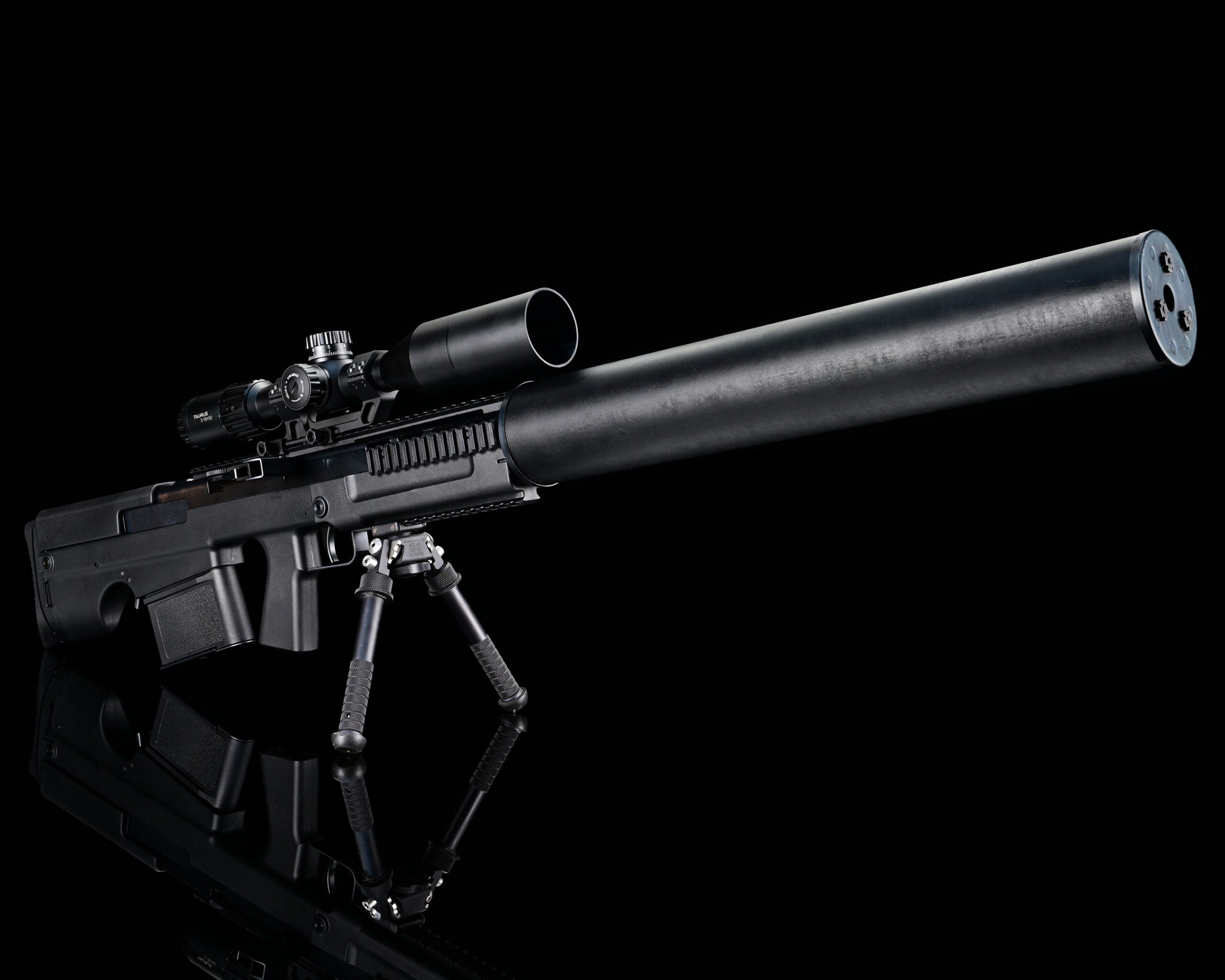 Silverback VKS black airsoft sniper rifle with full-size silencer, scope and bipod shown as accessories