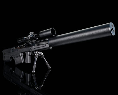 Silverback VKS black airsoft sniper rifle with full-size silencer, scope and bipod shown as accessories