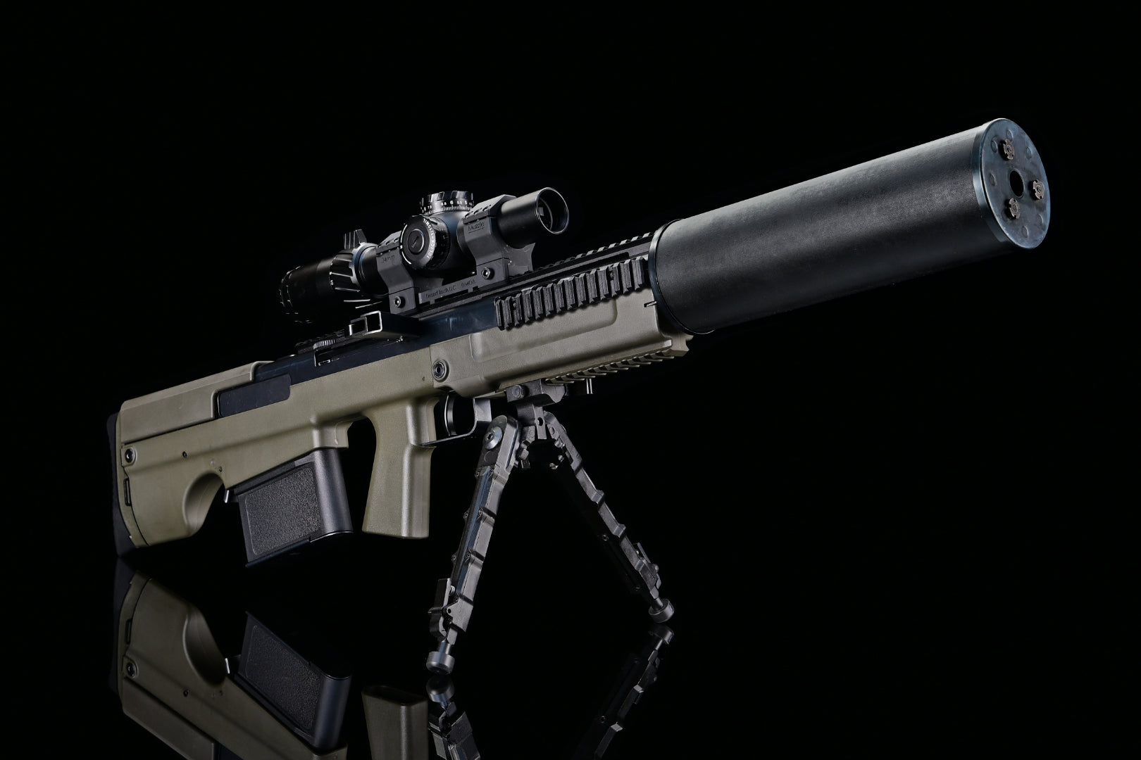 Silverback VKS airsoft sniper rifle with olive drab furniture, scope and bipod shown as accessories