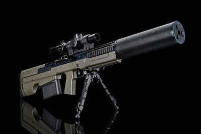 Silverback VKS airsoft sniper rifle with olive drab furniture, scope and bipod shown as accessories